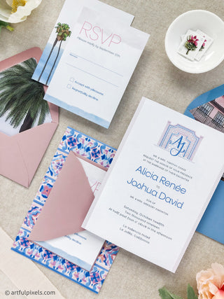 La Valencia wedding invitations with colorful spanish tile illustrations