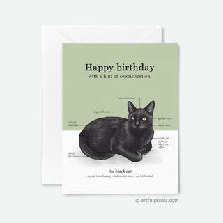 Illustrated birthday card featuring a diagram of the characteristics of the black cat