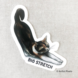 Calico cat stretching in yoga pose with words "Big Stretch"