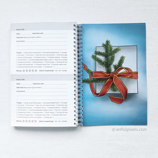 Christmas Movie Logbook inside back cover with illustration of present and red bow with pine tree clippings