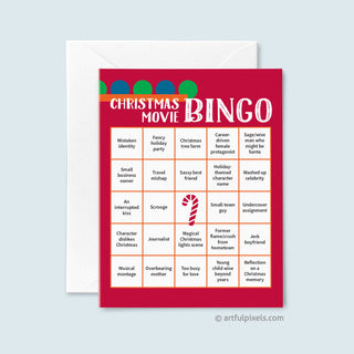 Christmas Movie Bingo Game Holiday Card. Mark off the tropes as you watch cheesy Christmas movies.
