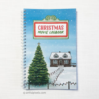 Christmas Movie Logbook Cover, with illustrated Christmas tree and snowy scene with log cabin and blue sky