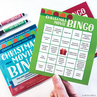 Colorful reusable Christmas movie bingo cards