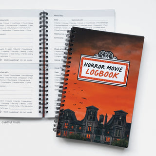 Horror Movie Logbook - front cover of journal plus inside spread of rating sections