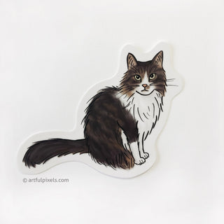 Cat illustration of a brown tabby Maine Coon cat, printed as a sticker