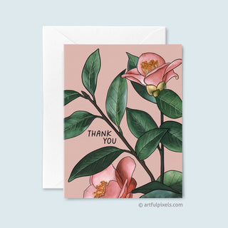 Thank You greeting card featuring an illustration of pink florals and stemmed leaves
