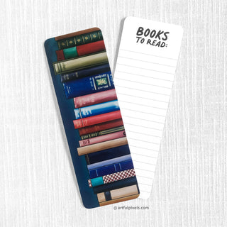 2-sided bookmark with colorful illustration of a stack of books on one side, and a "Books to Read" notepad on the other side