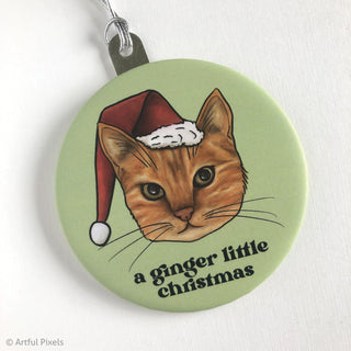 orange tabby cat with santa hat printed on metal circle ornament